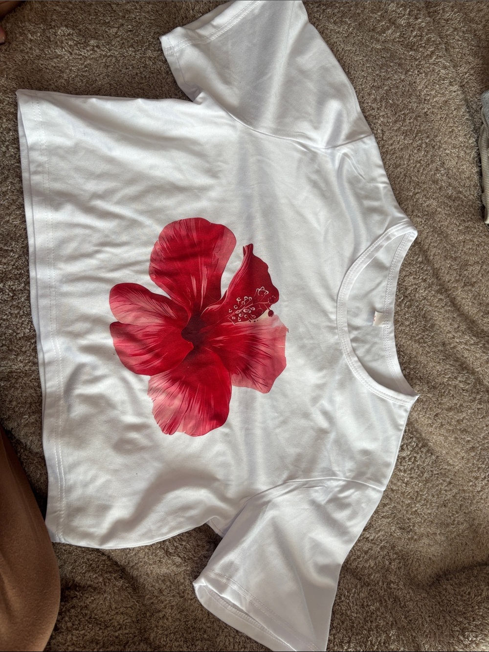 White Crop Top with Red Hibiscus Graphic